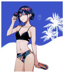 Rule 34 | 1girl, adjusting eyewear, alternate costume, alternate hairstyle, bikini, black bikini, black nails, blue background, blue eyes, blue hair, bottle, breasts, closed mouth, cowboy shot, dark blue hair, earrings, fate/grand order, fate (series), glass bottle, hair bun, holding, holding bottle, jewelry, jing ke (fate), katagiri (mighty swing), looking at viewer, mismatched bikini, navel, palm tree, print bikini, short hair, silhouette, simple background, small breasts, smile, solo, sunglasses, swimsuit, tree, two-tone background, white background