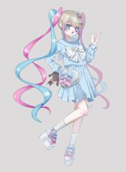 Rule 34 | 1girl, bag, blonde hair, blue bow, blue hair, blue sailor collar, blush stickers, bow, bowtie, character doll, chouzetsusaikawa tenshi-chan, dearmylove (brand), double helix, footwear bow, full body, grey background, hair bow, hair ornament, hand on own hip, heart, heart-shaped bag, index finger raised, knee blush, long hair, long sleeves, looking at viewer, multicolored hair, multicolored nails, multiple hair bows, needy girl overdose, official alternate costume, open mouth, pink bow, pink hair, platform footwear, pleated skirt, purple bow, quad tails, sailor collar, school uniform, serafuku, shirt, shoulder bag, single blush sticker, skirt, socks, sumi (sumi3mimi), teeth, twintails, upper teeth only, very long hair, white bag, white bow, white footwear, white socks