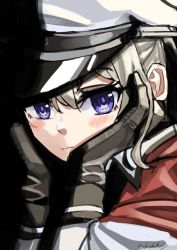 Rule 34 | 1girl, akasaka4005, black background, black gloves, blonde hair, blush, capelet, closed mouth, gloves, graf zeppelin (kancolle), hair between eyes, hat, head rest, highres, kantai collection, looking at viewer, military, military uniform, peaked cap, portrait, purple eyes, simple background, solo, twitter username, uniform, white hat