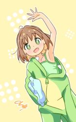 Rule 34 | 1girl, :d, arm up, armpits, brown hair, colored inner hair, commentary, diamond-shaped pupils, diamond (shape), dot nose, fang, green eyes, highres, holding, holding pillow, light blush, looking at viewer, multicolored hair, nuurise2023, off shoulder, oka asahi, onesie, onii-chan wa oshimai!, open mouth, orange hair, outline, pillow, romaji commentary, short hair, simple background, single bare arm, smile, solo, symbol-shaped pupils, two-tone hair, white outline, yellow background, zipper pull tab