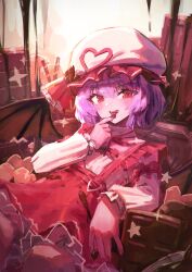 Rule 34 | 1girl, absurdres, bat wings, brown wings, chocolate, fingernails, hair between eyes, hat, highres, long sleeves, looking at viewer, mob cap, nail polish, nepperoni, open mouth, pink shirt, purple hair, red eyes, red nails, red skirt, remilia scarlet, shirt, short hair, skirt, smile, solo, tongue, tongue out, touhou, valentine, white hat, wings