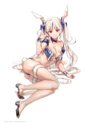Rule 34 | 1girl, animal ears, arm support, ass, bare shoulders, bow, breasts, choker, chris (dsmile), collarbone, crop top, detached sleeves, dsmile, fake animal ears, fishnets, full body, hair bow, high heels, highres, lingerie, long hair, looking at viewer, lying, medium breasts, no bra, on side, original, page number, parted lips, puffy short sleeves, puffy sleeves, purple eyes, rabbit ears, rabbit tail, ribbon, short sleeves, simple background, smile, solo, striped, tail, twintails, underwear, vertical stripes, white background, white hair