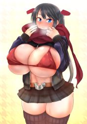 Rule 34 | 1girl, belt, bikini, blue eyes, blue hair, blush, breasts, breasts out, curvy, huge breasts, jacket, long hair, looking at viewer, navel, original, red bikini, scarf, shimad, simple background, skirt, solo, swimsuit, thick thighs, thighhighs, thighs, wide hips