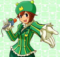 Rule 34 | 1girl, artist request, blush stickers, breasts, brown hair, character name, green background, hat, highres, holding, holding microphone, looking at viewer, medium breasts, mega man (series), mega man battle network, microphone, open mouth, ribitta (mega man), short hair, small breasts, smile, wide hips