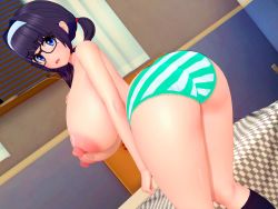 Rule 34 | 1g, 3d, bedroom, bent over, black hair, blue eyes, breasts, clenched hand, glasses, hairband, huge breasts, looking at viewer, looking back, mole, mole under eye, open mouth, solo, striped, twintails