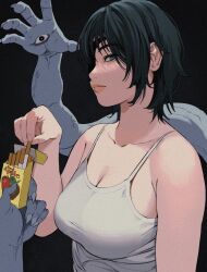 Rule 34 | 1girl, black background, black hair, breasts, camisole, chainsaw man, cigarette, cigarette pack, cleavage, collarbone, eyepatch, giganticbuddha, grey eyes, highres, himeno (chainsaw man), large breasts, lips, medium hair, profile, solo, thick arms, upper body, white camisole