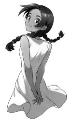 Rule 34 | 1girl, abenobashi mahou shoutengai, arms behind back, asada hachi, asahina arumi, bare arms, braid, closed mouth, commentary request, cropped torso, dark skin, dark-skinned female, dress, from behind, grey background, greyscale, interlocked fingers, long hair, looking at viewer, looking back, monochrome, smile, solo, sundress, twin braids