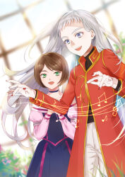 Rule 34 | 2girls, :d, bass clef, beamed eighth notes, black choker, blurry, blurry background, brown hair, choker, coat, dress, fine (vampire in the garden), fuyuto (alnilam00), gold trim, green eyes, grey eyes, grey hair, hands up, highres, indoors, long hair, long sleeves, momo (vampire in the garden), multiple girls, music, musical note, open mouth, pants, red coat, red nails, smile, standing, treble clef, vampire in the garden