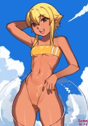 Rule 34 | 1girl, :d, absurdres, arm behind head, arm up, artist name, bare arms, bare shoulders, blonde hair, blue sky, breasts, brown eyes, cloud, collarbone, commentary, dark-skinned female, dark skin, dated, elf, gris swimsuit, hair between eyes, hand on own hip, head tilt, highres, innertube, meme attire, navel, nil sunna, one-piece swimsuit, open mouth, original, pointy ears, see-through swimsuit, short hair, sky, small breasts, smile, solo, strapless, strapless one-piece swimsuit, sunna (nilsunna), swim ring, swimsuit, teeth, thighs, underboob, upper teeth only, yellow one-piece swimsuit