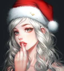 Rule 34 | 1girl, black background, black eyes, christmas, drill hair, eyelashes, eyeshadow, finger to mouth, fingernails, glint, hat, hat ornament, heart, highres, jewelry, lips, lipstick, looking at viewer, makeup, mascara, original, parted lips, pom pom (clothes), portrait, red lips, rena illusion, ring, santa hat, silver hair, simple background, solo, swept bangs, wavy hair