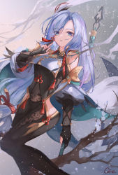 Rule 34 | 1girl, aqua nails, bad id, bad pixiv id, bare shoulders, blue eyes, blue hair, bodystocking, branch, breast curtain, breasts, elbow gloves, eyes visible through hair, feet out of frame, genshin impact, gloves, gradient eyes, hand up, highres, hip vent, holding, holding polearm, holding weapon, long hair, looking at viewer, medium breasts, multicolored eyes, nail polish, parted bangs, parted lips, partially fingerless gloves, polearm, purple eyes, qie, shenhe (genshin impact), signature, snow, snowing, solo, thighs, weapon