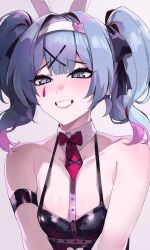 Rule 34 | 1girl, absurdres, animal ears, bare shoulders, black leotard, black ribbon, blue eyes, blue hair, blush, breasts, cleavage, collarbone, commentary, detached collar, fake animal ears, grey background, hair ornament, hair ribbon, hairband, hatsune miku, highres, kanniiepan, leotard, multicolored hair, necktie, pink hair, rabbit ears, rabbit hole (vocaloid), red necktie, ribbon, short hair, simple background, small breasts, smile, solo, two-tone hair, upper body, vocaloid, white hairband, x hair ornament