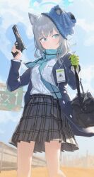 Rule 34 | 1girl, absurdres, animal ear fluff, animal ears, bag, banknote, blazer, blue archive, blue eyes, blue halo, blue scarf, breasts, gloves, green gloves, grey hair, gun, halo, handbag, handgun, highres, highway, hokori1207, holding, holding gun, holding weapon, id card, jacket, m1911, mask, money, pleated skirt, sand, scarf, school uniform, shiroko (blue archive), shirt, skirt, small breasts, solo, weapon, wolf ears