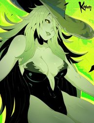 Rule 34 | 1girl, barbariccia, bare shoulders, black sclera, breasts, colored sclera, colored skin, final fantasy, final fantasy xiv, green hair, green skin, hair between eyes, halloween, hat, highleg, highleg leotard, highres, koyorin, large breasts, leotard, long hair, looking at viewer, parted lips, plunging neckline, solo, strapless, strapless leotard, witch hat, yellow eyes