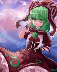 Rule 34 | 1girl, ;), absurdres, closed mouth, cloud, commentary, dress, english commentary, frilled dress, frilled ribbon, frills, front ponytail, green hair, hair ribbon, highres, kagiyama hina, looking at viewer, medium hair, one eye closed, ougiikun, outdoors, red dress, red ribbon, ribbon, short sleeves, smile, solo, touhou, wrist cuffs