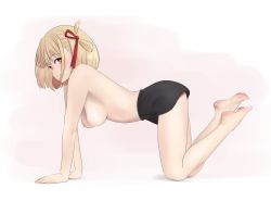 Rule 34 | 1girl, absurdres, all fours, arched back, black shorts, blonde hair, breasts, feet, full body, hair ribbon, highres, legs, looking at viewer, looking to the side, lycoris recoil, medium breasts, nipples, nishikigi chisato, pink background, red eyes, red ribbon, ribbon, shirow (mha03133), short hair, shorts, sideboob, simple background, smile, thighs, topless, white background