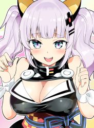 Rule 34 | 1girl, :d, animal ears, bare shoulders, blue eyes, blunt bangs, blush, breasts, cat ears, cleavage, cleavage cutout, clothing cutout, dress, fake animal ears, hair ornament, hairclip, highres, kaguya luna, large breasts, looking at viewer, obi, open mouth, otoi rekomaru, sash, silver hair, sleeveless, sleeveless dress, smile, the moon studio, twintails, upper body, virtual youtuber
