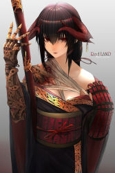 Rule 34 | 1girl, arm guards, artist name, bandages, bare shoulders, black hair, blood, breasts, commentary request, cyborg, gears, hair between eyes, hair tie, highres, holding, holding sword, holding weapon, horn piercing, horns, japanese clothes, joints, katana, kimono, long sleeves, low twintails, mechanical arms, mole, mole on breast, no pupils, obi, original, prosthesis, prosthetic arm, red eyes, red horns, robot joints, sash, savuxan, science fiction, sheath, sheathed, signature, single mechanical arm, solo, steampunk, stitches, sword, twintails, twitter username, weapon, wide sleeves