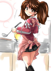 Rule 34 | 10s, 1girl, apron, bowl, brown eyes, brown hair, commentary request, fang, from behind, japanese clothes, kantai collection, kariginu, kneehighs, ladle, looking back, miniskirt, nukoyarou, pleated skirt, ribbon-trimmed sleeves, ribbon trim, ryuujou (kancolle), skirt, smile, socks, solo, twintails
