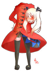 Rule 34 | 1girl, bike shorts, blonde hair, blush, coat, disembodied head, dullahan, full body, hand on own hip, holding head, jacket, konzu mei, long hair, original, red coat, red eyes, red jacket, shorts, signature, simple background, slit pupils, solo, standing, thighhighs, toggle, twintails, white background