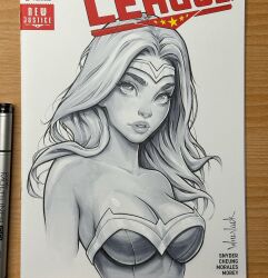 Rule 34 | 1girl, art tools in frame, bare shoulders, breasts, circlet, cleavage, commentary, dc comics, english commentary, greyscale, highres, marker (medium), medium breasts, monochrome, parted lips, photo (medium), signature, solo, traditional media, upper body, wavy hair, will jack, wonder woman, wonder woman (series)