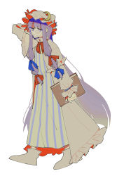 Rule 34 | 1girl, absurdres, arm behind head, arm up, blue bow, blue ribbon, book, bow, bowtie, closed mouth, commentary, crescent, crescent hat ornament, dress, expressionless, eyewear on head, frilled dress, frilled sleeves, frills, full body, glasses, hat, hat ornament, highres, holding, holding book, long dress, long hair, long sleeves, looking at viewer, mob cap, patchouli knowledge, purple eyes, purple hair, red bow, red bowtie, red ribbon, ribbon, round eyewear, section (prrx8584), shoes, simple background, solo, striped clothes, striped dress, touhou, vertical-striped clothes, vertical-striped dress, very long hair, white background, white dress, white footwear