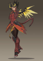 Rule 34 | 1girl, absurdres, ahoge, alternate wing color, armor, black hair, bodysuit, breasts, brown pantyhose, commentary request, dark persona, demon horns, demon tail, devil mercy, earrings, emblem, facial mark, faulds, floating, forehead mark, full body, gloves, gradient background, greaves, high ponytail, highres, horns, jewelry, lepo, lips, looking at viewer, mechanical wings, medium breasts, mercy (overwatch), nose, official alternate costume, overwatch, overwatch 1, pantyhose, parted lips, pelvic curtain, ponytail, realistic, red eyes, red gloves, sideways glance, smile, solo, stud earrings, tail, wings, yellow wings