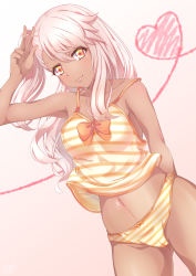 Rule 34 | 1girl, absurdres, armpits, arms behind back, bare arms, bare shoulders, blush, bow, bowtie, breasts, cameltoe, camisole, chloe von einzbern, closed mouth, collarbone, cowboy shot, dark-skinned female, dark skin, eyelashes, fate/kaleid liner prisma illya, fate (series), gluteal fold, gradient background, gradient eyes, groin, hair between eyes, hand to head, hand up, heart, heart of string, highres, legs apart, lips, long hair, looking at viewer, midriff, mixed eye color, multicolored eyes, nanamira bi, navel, one side up, orange bow, orange bowtie, orange eyes, panties, pink hair, side ponytail, small breasts, smile, solo, stomach, striped camisole, striped clothes, striped panties, underwear, v, w, yellow eyes