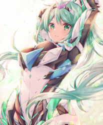 Rule 34 | 1girl, armor, armored bodysuit, arms up, black bodysuit, blush, bodysuit, breasts, chest jewel, closed mouth, commentary request, green eyes, green hair, hair between eyes, hair ornament, hairband, highres, large breasts, long hair, looking at viewer, pneuma (xenoblade), ponytail, smile, solo, ui frara, very long hair, white background, xenoblade chronicles (series), xenoblade chronicles 2