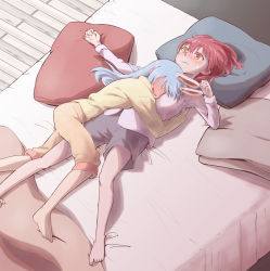 Rule 34 | 2girls, absurdres, animal ear fluff, between breasts, blanket, blue hair, blush, breasts, closed eyes, closed mouth, commentary, drunk, face between breasts, full-face blush, hair between eyes, hair down, head between breasts, head on pillow, heterochromia, highres, hikimayu, hololive, houshou marine, hug, long hair, long sleeves, looking at another, multiple girls, on bed, open mouth, pajamas, pillow, red eyes, red hair, sweat, usada pekora, virtual youtuber, vitalizingwind, yellow eyes, yuri