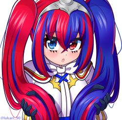 Rule 34 | 1girl, alear (female) (fire emblem), alear (fire emblem), alternate hairstyle, asymmetrical clothes, blue eyes, blue hair, blush, breasts, fire emblem, fire emblem engage, gloves, grabbing own hair, heterochromia, highres, lukari, medium breasts, multicolored hair, nintendo, open mouth, parted lips, red eyes, red hair, solo, tiara, twintails