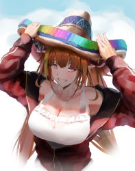 Rule 34 | 1girl, absurdres, arms up, blonde hair, blouse, bow, breasts, cleavage, commentary request, dragon girl, dragon horns, frilled shirt, frills, grin, hands on headwear, hat, highres, hololive, horn bow, horn ornament, horns, jacket, kiryu coco, kiryu coco (loungewear), large breasts, long hair, long sleeves, looking at viewer, multicolored clothes, multicolored hair, multicolored hat, orange hair, partially unzipped, pointy ears, red eyes, red jacket, shirt, sleeveless, sleeveless shirt, smile, solo, sombrero, streaked hair, striped, striped bow, upper body, virtual youtuber, wanne, white shirt