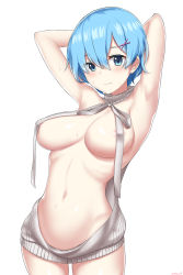 Rule 34 | 10s, 1girl, 1nilla&#039;, 3:, areola slip, armpits, arms behind head, arms up, artist name, bare arms, blue eyes, blue hair, breasts, closed mouth, convenient censoring, cowboy shot, dress, eyelashes, eyes visible through hair, hair between eyes, hair ornament, halterneck, highres, large breasts, looking at viewer, meme attire, naked sweater, navel, re:zero kara hajimeru isekai seikatsu, rem (re:zero), ribs, short hair, simple background, solo, stomach, sweat, sweater, sweater dress, turtleneck, turtleneck sweater, virgin killer sweater, wardrobe error, white background, white sweater, x hair ornament