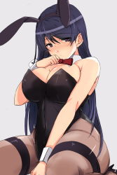 Rule 34 | 1girl, absurdres, animal ears, black eyes, black hair, black leotard, bow, bowtie, breasts, brown pantyhose, commentary request, detached collar, ekaki kukuma, fake animal ears, highres, large breasts, leotard, long hair, looking at viewer, original, pantyhose, playboy bunny, rabbit ears, red bow, red bowtie, solo, strapless, strapless leotard, thick thighs, thighs, wrist cuffs