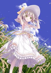 Rule 34 | 1girl, adjusting clothes, adjusting headwear, bare shoulders, blue sky, bow, cloud, collarbone, day, dress, dutch angle, flower, frilled skirt, frills, green eyes, hair flower, hair ornament, hands on headwear, hat, hat bow, highres, izumi (nagashi), looking at viewer, outdoors, pale skin, ribbon, skirt, sky, smile, solo, standing, sun hat, sundress, twintails, white hair, white hat, yellow bow