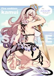 Rule 34 | 1girl, anklet, barefoot, bikini, blonde hair, bracelet, breasts, character name, commission, copyright name, corrin (female) (fire emblem), corrin (female) (summer) (fire emblem), corrin (fire emblem), dragon girl, dragon tail, english text, feet, fire emblem, fire emblem fates, fire emblem heroes, fishine, flower, frilled bikini, frills, from behind, grey hair, hair flower, hair ornament, hairband, head tilt, heart, holding, holding sword, holding weapon, jewelry, large breasts, long hair, nintendo, official alternate costume, patreon username, pointy ears, red eyes, sample watermark, slit pupils, soles, solo, speech bubble, swimsuit, sword, tail, thank you, watermark, weapon, yato (fire emblem)
