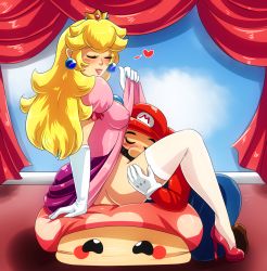 Rule 34 | 1boy, 1girl, ass, blonde hair, blush, breasts, clothes, clothes lift, crown, cunnilingus, dress, dress lift, ear piercing, elbow gloves, closed eyes, facial hair, gloves, heart, hetero, high heels, highres, kneeling, legs, lipstick, long hair, makeup, mario, mario (series), medium breasts, mustache, nintendo, open mouth, oral, piercing, pink lips, princess peach, sexually suggestive, shoes, sideboob, sitting, smile, super mario bros. 1, thighhighs, upskirt