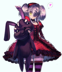 Rule 34 | 1girl, :&lt;, chyko7080, gothic lolita, hair over one eye, heart, lolita fashion, looking at viewer, original, purple eyes, simple background, solo, squeezing, striped clothes, striped thighhighs, stuffed animal, stuffed rabbit, stuffed toy, thighhighs, twintails, white background, yellow eyes