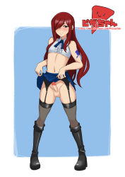 Rule 34 | 1boy, blush, boots, brown eyes, censored, clothes lift, crossdressing, erection, erza scarlet, fairy tail, genderswap, genderswap (ftm), hair over one eye, highres, lifted by self, long hair, male focus, no panties, penis, pizzachan, red hair, skirt, skirt lift, smile, solo, tattoo, testicles, thighhighs, trap