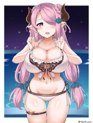 Rule 34 | 1girl, bikini, blue eyes, blush, breasts squeezed together, breasts, cowboy shot, double bun, draph, earrings, frilled bikini, frilled bikini top, frills, granblue fantasy, hair ornament, hair over one eye, highres, horns, jewelry, large breasts, layered bikini, lock, long hair, looking at viewer, low twintails, narmaya (granblue fantasy), navel, night, ocean, open mouth, padlock, pink hair, pointy ears, side-tie bikini bottom, skindentation, smile, solo, swimsuit, thigh strap, tomato rice, twintails, very long hair, white bikini