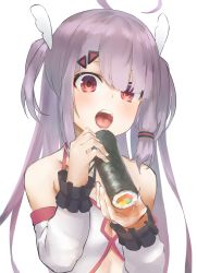 Rule 34 | 1girl, :o, ahoge, bad id, bad pixiv id, bare shoulders, blush, breasts, center opening, cleavage, collarbone, detached sleeves, ehoumaki, food, hair ornament, halterneck, highres, holding, holding food, light purple hair, long hair, long sleeves, looking at viewer, makizushi, marulire, open mouth, red eyes, revealing clothes, shirt, simple background, solo, sushi, two side up, upper body, virtual youtuber, white background, white shirt, yumeno shiori, yumeno shiori channel
