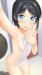 Rule 34 | 1girl, :p, apollo (hu maple), arm up, armpits, black hair, blue eyes, blush, breasts, closed mouth, collarbone, colored eyelashes, commentary request, completely nude, covered navel, covering privates, cowboy shot, hand on own chest, highres, indoors, leaning forward, looking at viewer, nude, nude cover, original, parted bangs, selfie, short hair, sideboob, small breasts, smile, solo, tongue, tongue out, washing machine