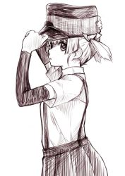 Rule 34 | 10s, 1girl, adjusting clothes, adjusting headwear, arm warmers, bad id, bad twitter id, hair ribbon, hat, kantai collection, keionism, monochrome, ooshio (kancolle), peaked cap, pleated skirt, ribbon, school uniform, serafuku, shaded face, short hair, short sleeves, short twintails, skirt, solo, suspenders, twintails