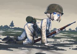 Rule 34 | 1girl, ass, blonde hair, blue eyes, boots, crawling, dirty, dirty clothes, dirty face, erica (naze1940), gun, helmet, highres, holding, holding gun, holding weapon, looking at viewer, mud, original, short hair, smile, solo, weapon, world war ii