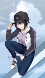 Rule 34 | 1girl, artist request, black hair, breasts, denim, dolphin wave, full body, grey background, hat, highres, holding, holding clothes, holding hat, jacket, jeans, large breasts, pants, purple eyes, shoes, short hair, suminoe shion