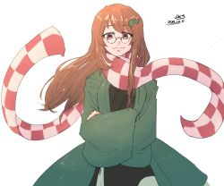 Rule 34 | 1girl, bad id, bad twitter id, brown eyes, brown hair, checkered clothes, checkered scarf, closed mouth, commentary, crossed arms, dated, futatsuiwa mamizou, futatsuiwa mamizou (human), glasses, hakuro109, japanese clothes, leaf, leaf on head, long hair, long sleeves, looking at viewer, one-hour drawing challenge, scarf, signature, simple background, smile, solo, standing, touhou, upper body, white background, wide sleeves
