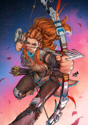 Rule 34 | 1girl, aloy (horizon), arrow (projectile), artist name, bow (weapon), braid, dated, david nakayama, falling petals, green eyes, highres, holding, holding weapon, horizon (video game), horizon zero dawn, initial, jewelry, long hair, necklace, orange hair, petals, quiver, simple background, solo, watermark, weapon
