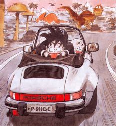 Rule 34 | 3boys, :d, :p, absurdres, bald, bear, black eyes, black hair, blurry, blurry background, bush, car, commentary, convertible, dinosaur, dragon ball, dragon ball (classic), driving, expressionless, facial hair, facing away, finger in own mouth, floating hair, fungus, happy, highres, kuririn, license plate, looking afar, looking at another, looking at viewer, looking back, male focus, messy hair, mirror, motion blur, motor vehicle, mountain, multiple boys, mustache, muten roushi, nature, official art, open mouth, outdoors, palm tree, porsche, porsche 911, prehistoric animal, pterosaur, rear-view mirror, red-framed eyewear, retro artstyle, road, shadow, smile, son goku, speed lines, sunglasses, toei animation, tongue, tongue out, toriyama akira, tree, triceratops, tyrannosaurus rex, vehicle focus, wristband