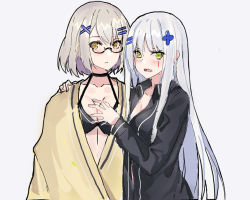 Rule 34 | 2girls, black shirt, blush, bra, breasts, cleavage, commentary, covering privates, covering breasts, echj, girls&#039; frontline, glasses, green eyes, grey hair, hk416 (girls&#039; frontline), long hair, looking at viewer, medium breasts, multiple girls, open clothes, open shirt, shirt, short hair, surprised, towel, underwear, upper body, vector (girls&#039; frontline), white hair, yellow eyes