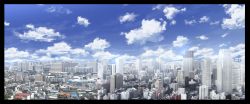 Rule 34 | black border, blue sky, border, building, city, cityscape, cloud, cloudy sky, commentary request, day, kawamoto ruka, no humans, original, outdoors, scenery, sky, skyline, skyscraper, third-party edit